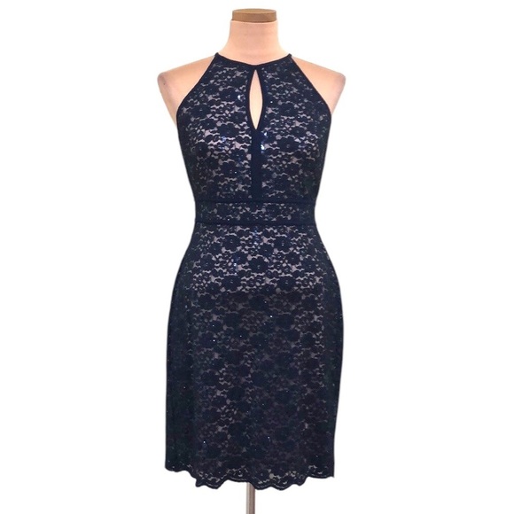 Nightway Cocktail Dress Size 10 Navy Blue Sequin Floral Lace - Picture 1 of 11